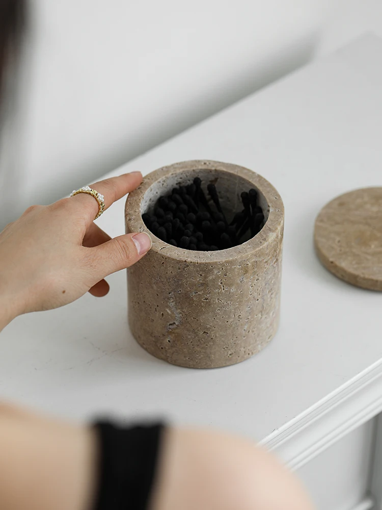 Natural Travertine Stone Cotton Swabs Holder Box Round Marble Salt Sugar Spice Storage Container Jar Makeup Brush Holder