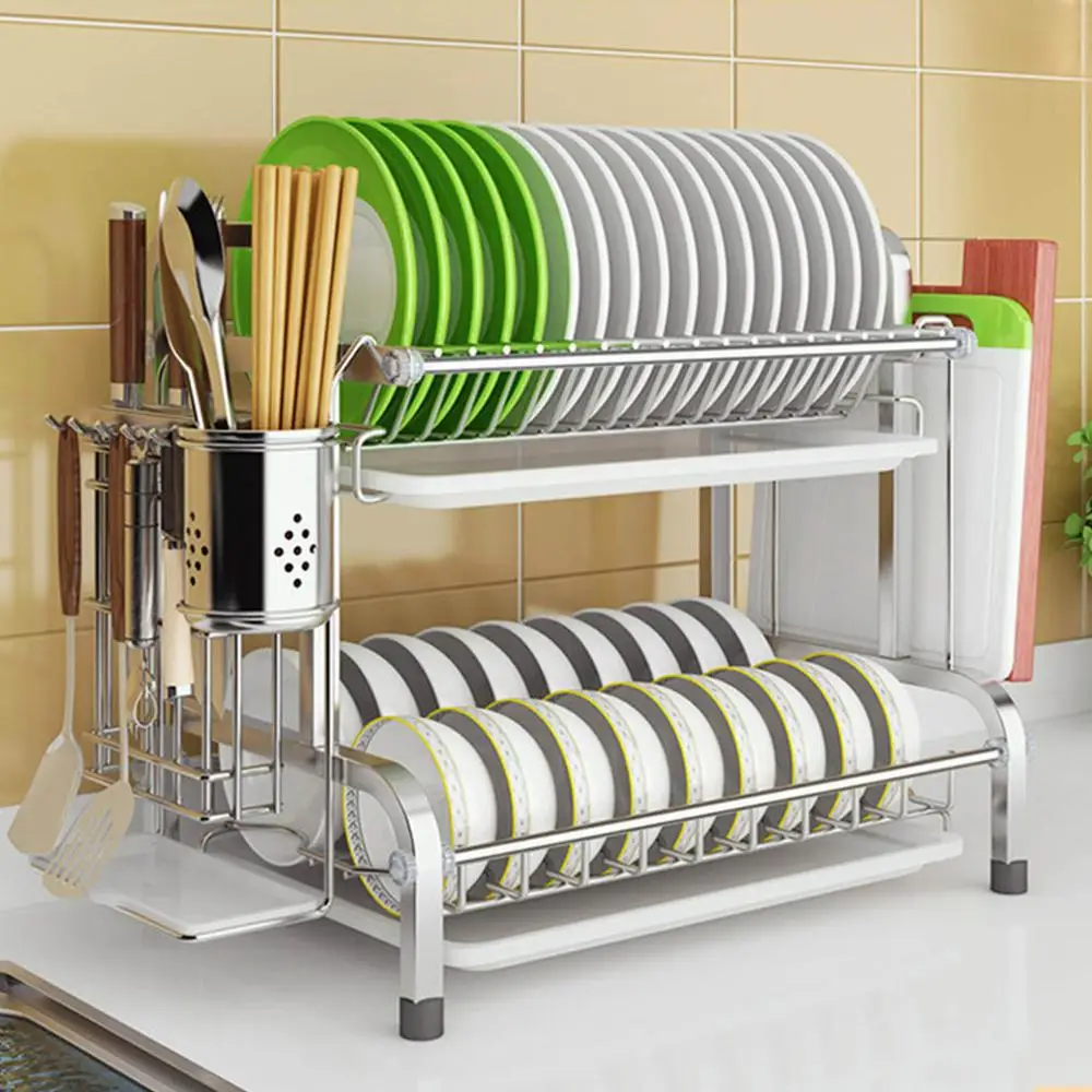 2 Tier Stainless Steel Bowl Plate Dish Drainer Drying Rack With Cutlery Holder  Kitchen Cutlery Drain Rack Utensils Storage