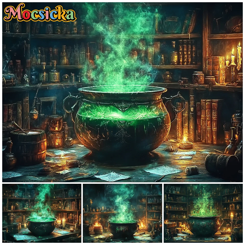 Mocsicka Apothecary Magic Cauldron Green Smoke Photo Background Old Spell Book Potion Bottles Dark Laboratory Halloween Backdrop