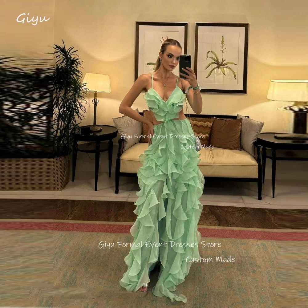 Giyu sexy grüne Rüschen Abendkleider Spaghetti träger V-Ausschnitt Taille Ballkleider formelle Party kleid Vestidos Strand