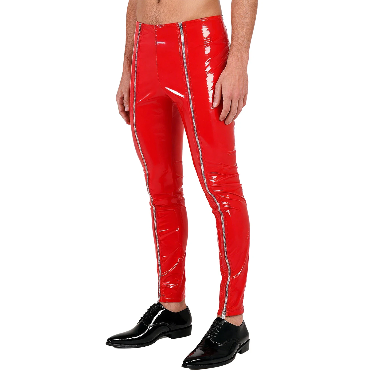 Mens Patent Leather Front Zipper Leggings Wet Look Solid High Waist Skinny Pencil Pants Gothic Punk Tights Trousers Clubwear