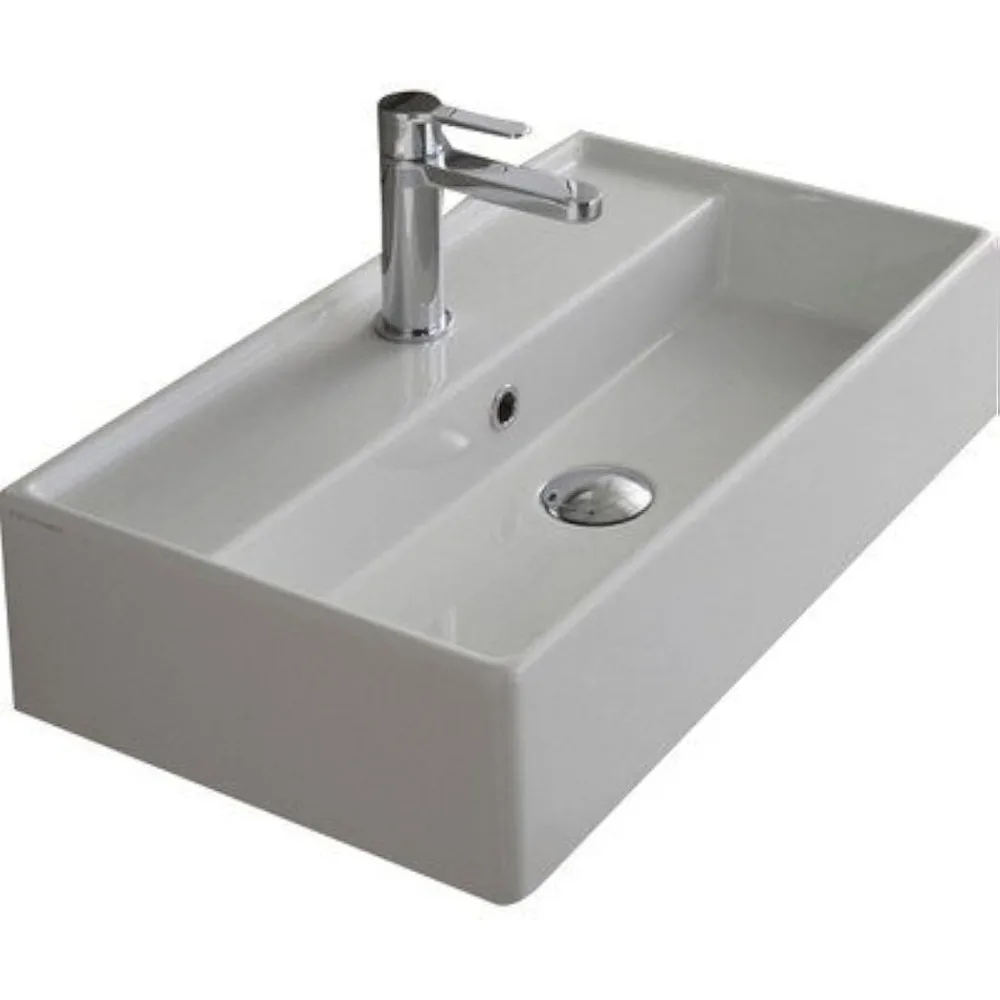 

White Ceramic Wall-mounted Bathroom Sink, Rectangular Washbasin Fixture, Home Improvement, Free Shipping