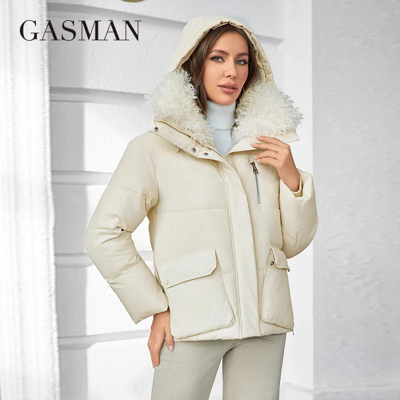 GASMAN 2023 Fashion Winter Parkas Women\'s Short Fur Collar Slim Casual Hooded Warm Down Jacket Female Coats Women 83919