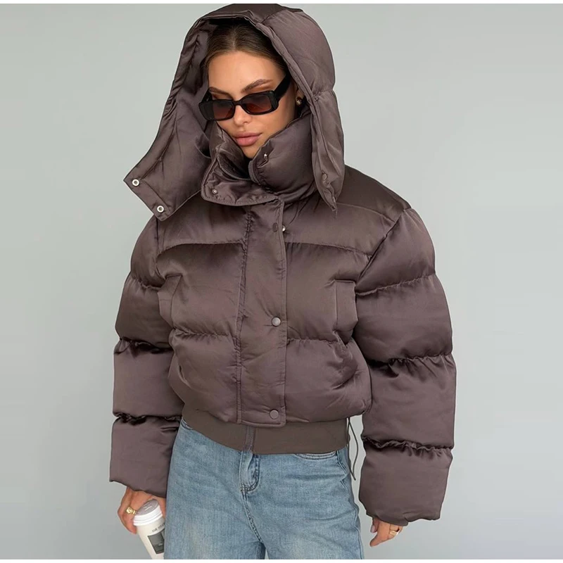 Women Solid Hooded Glossy Padded Jacket Long Sleeve Stand Zipper Fluffy Warm Coat Autumn Winter 2025 Chic Casual Street Jackets
