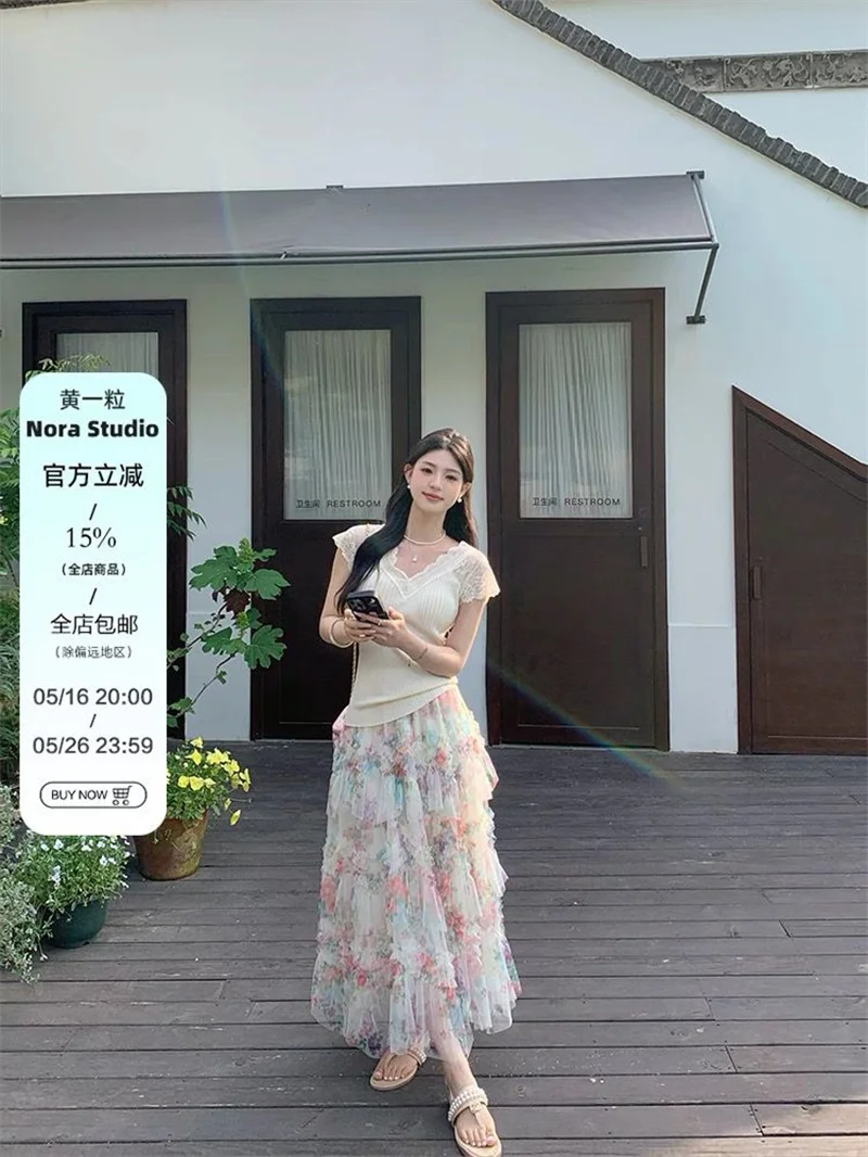 2025 New Women Heavy Industry Korean Splicing Mesh Fairy Big Pendant Long Cake Printed French Lace Half Skirt Half Body