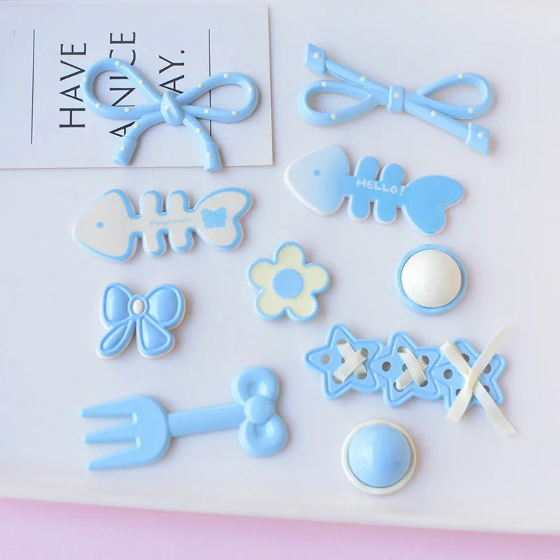 Fresh Sky Blue Sea Fish Bow Flower Fork Semi-circular Flat Back Resin Accessories Kawaii Junk Phone Case Decoration Charms