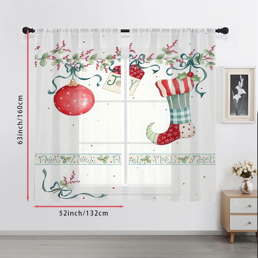 2PCS Bauble Stocking Sheer Curtains, Holly Berry Noel Christmas Print, Rod Pocket Window Drapes for Xmas Holiday Home Decor view 2