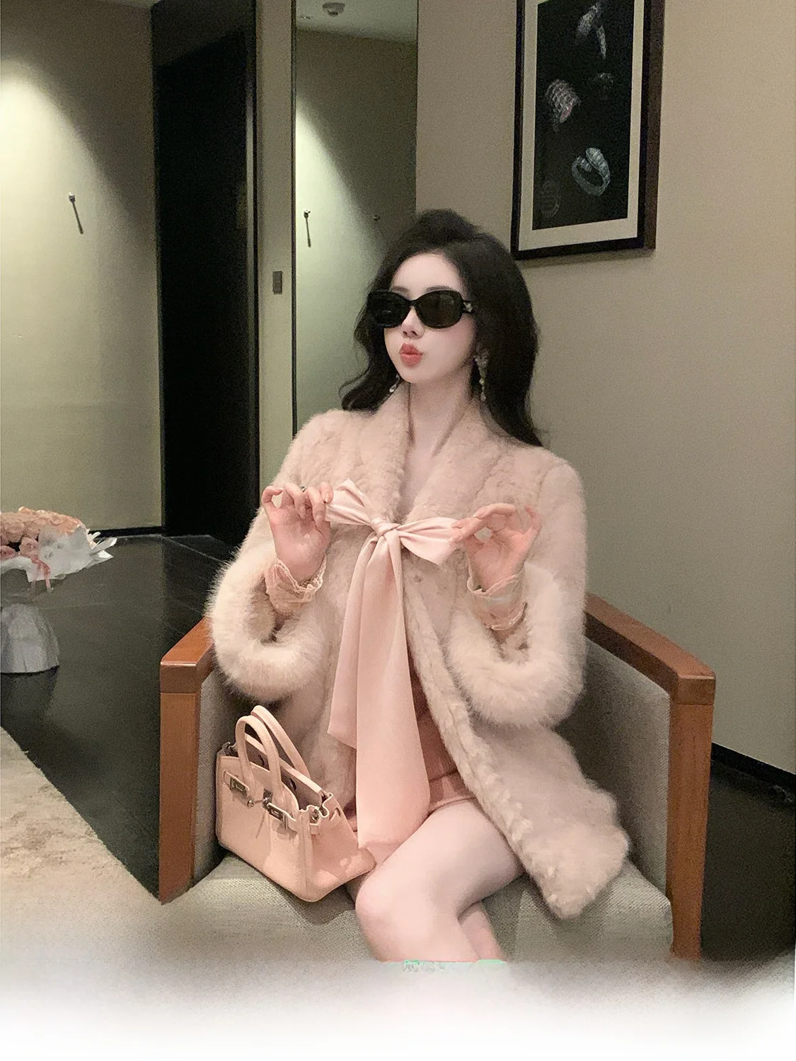 

Syqiao Dafni Women's Thickened Faux Fur Jacket Knot Belted Eco-friendly Plush Outerwear Warm Pure Color Long Sleeve