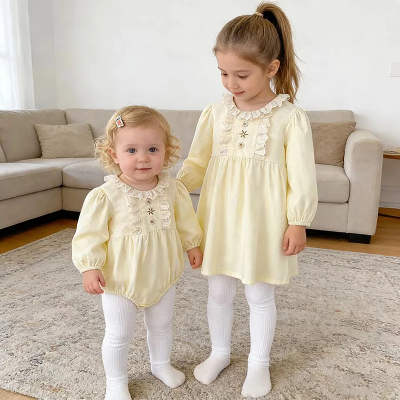 2026 neue Frühling Schwester Kleid 2-6Y Mädchen Party Kleid Kind Prinzessin Kleid Baumwolle Stickerei 0-24M Baby mädchen Spitze Lange Ärmeln Strampler