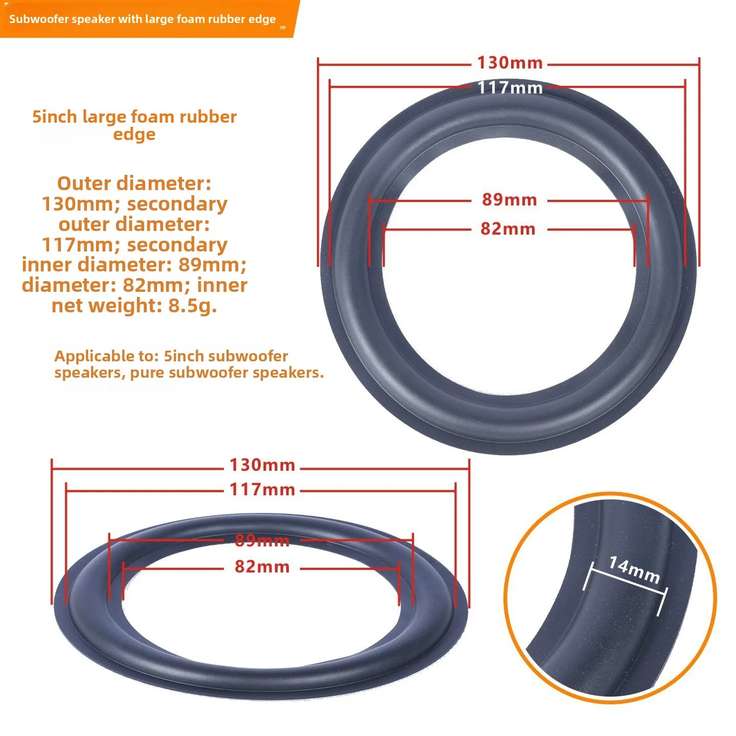 MW Audio, set van 2 rubberen randen voor luidsprekers, 6,5"/8"/10"/12", reparatieband voor de rand van een subwoofer.