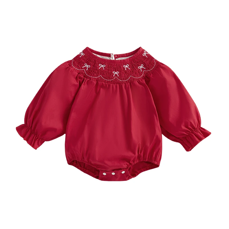 Newborn Toddler Baby Girl Clothes Bow Embroidery Crew Neck Smocked Long Bell Sleeve Bubble Romper