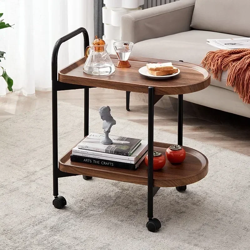 Nordic Style Removable Coffee Table Cart with Wheels Storage Rack Small Tea Table Solid Wood 2 Layer Cart Coffee Table Furniture