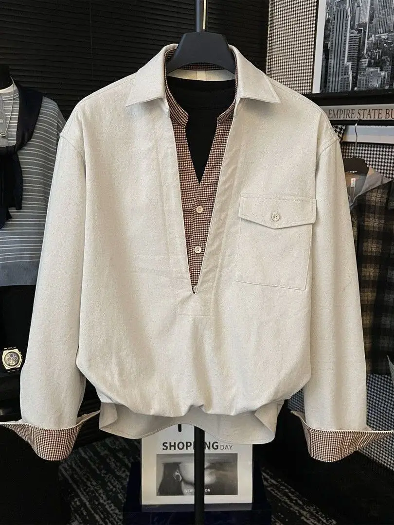 

Повседневная мужская рубашка в клетку с длинным рукавом, весенне-осенняя, с цветными вставками, классическим воротником, художественная верхняя одежда, пальто