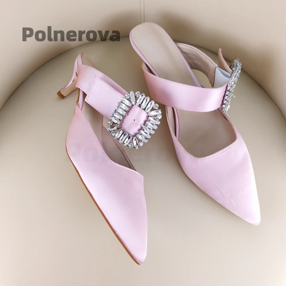 

Pink Satin Mules Slippers Women Rhinestone Buckle Decor Summer Med Heel Pointed Cover Toe Silk Sweet Party Wedding Shoes