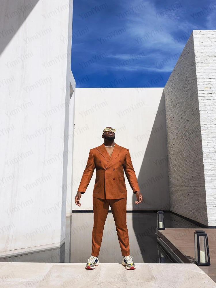 Классический коричневый мужской костюм, двубортный деловой приталенный свадебный пиджак, комплект из 2 предметов, мужской смокинг, пиджак для выпускного вечера по индивидуальному заказу