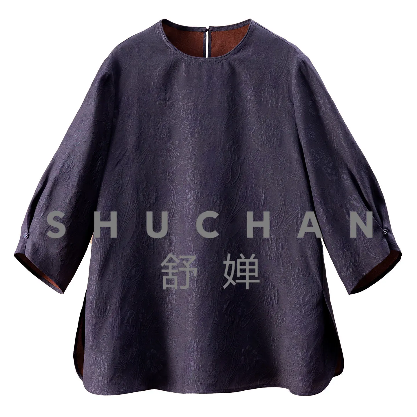 

Blouse Dark Night Purple Natural Silk Crown Crepe Embossed Cashew Flower Crew Neck Seven-Sleeve Shirt Women 37L3