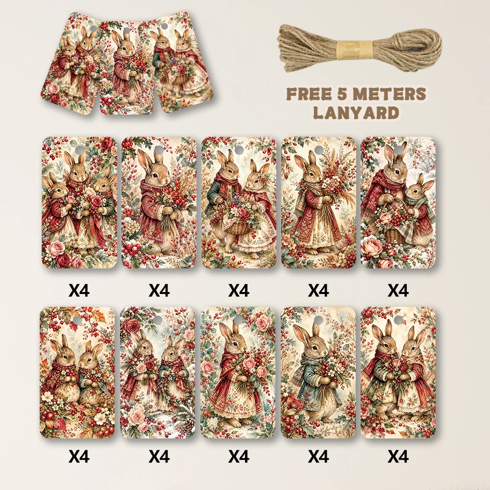 40pcs, Gift Tags, Vintage Floral Dressed Bunny, Hanging Paper Labels for Gift Wrapping, Holiday Party Decor with String