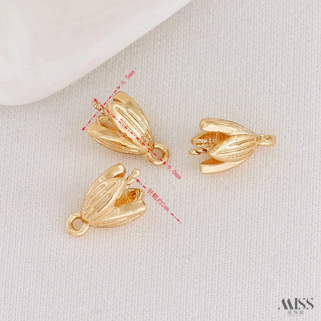 برعم زهرة على شكل بتلة ذهبية عيار 14 قيراط، حامل خرز نصف فتحة على شكل زهرة، حامل زهور قبعة خرز، ملحقات مجوهرات كريستال لؤلؤية ذاتية الصنع