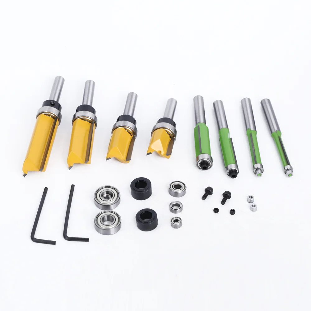 16-piece Set Of 8 Handle Yellow Bearing Straight Knife Green Trimming Knife Batch Head Bearing Woodworking Milling Cutter Access