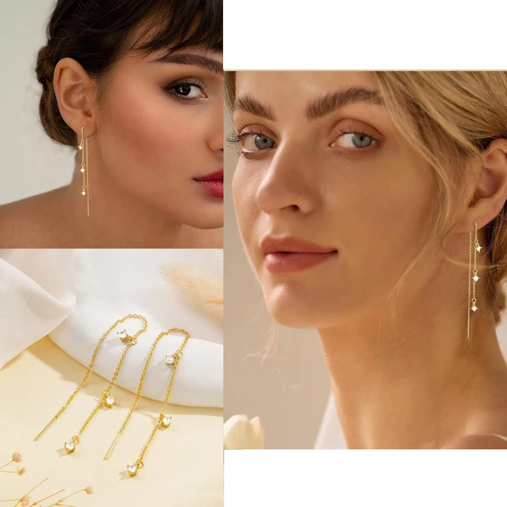 3pcs 14K Gold Plated Chain Earrings for Women Dangle Dainty Stack Hoop Earrings Set Trendy CZ Stud Earrings for Women Jewelry