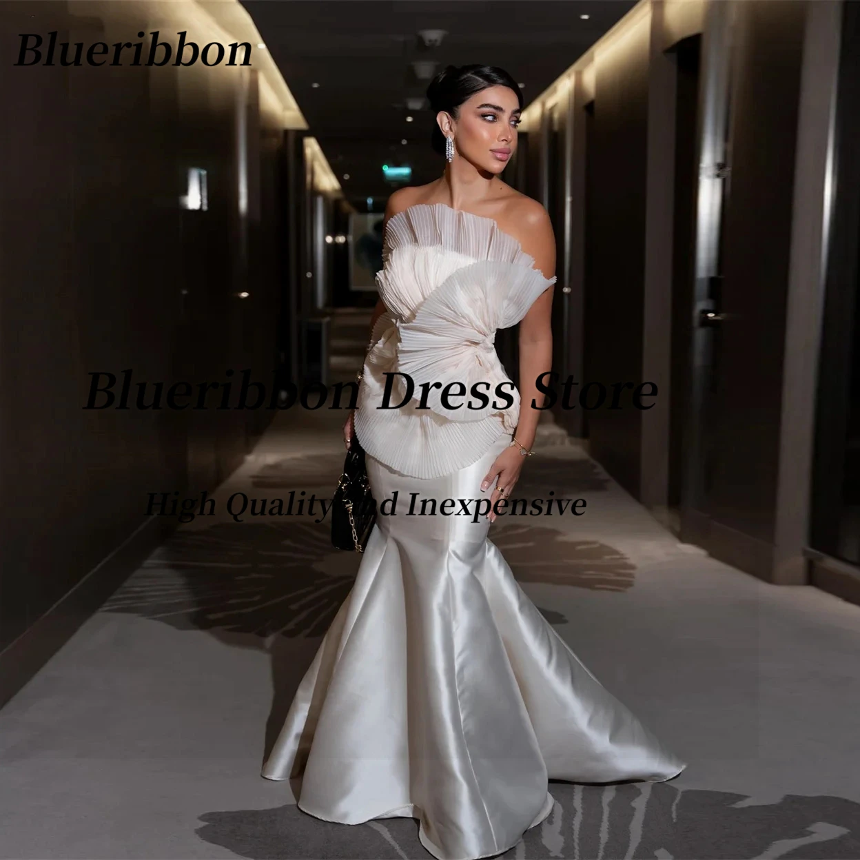 

Blueribbon Customized Long Mermaid Prom Dresses Pleats Strapless Vestidos Des Fiesta Zipper Back Bride Wear Evening Party Gowns