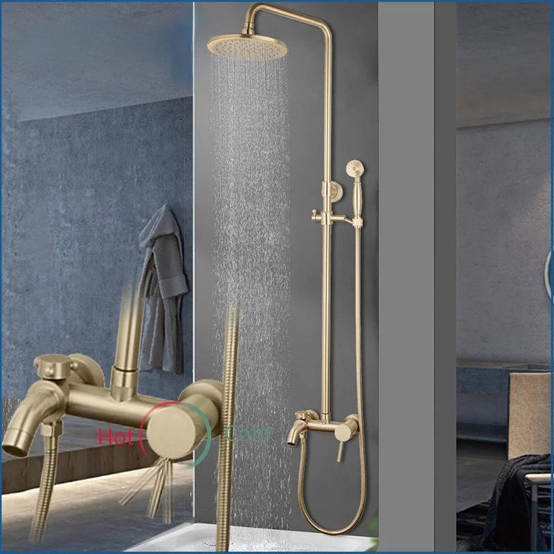 

Brass Stainless Steel Shower Faucet Set Brushed Gold Bathtub Shower Column Faucet Rotary Spout Bathroom Shower