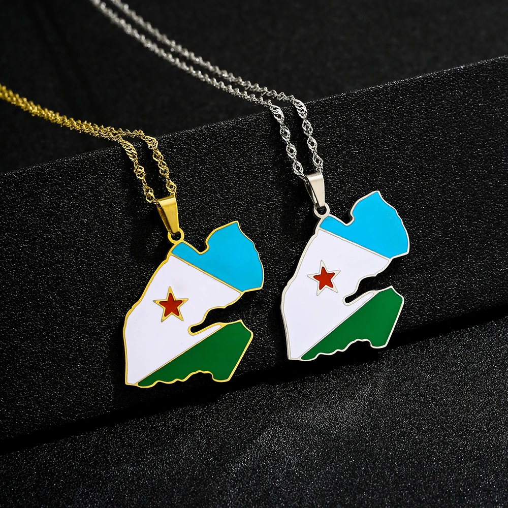 African Djibouti Map Flag Pendant Necklace Stainless Steel Men Women جمهوريه جيبوتي‎ Maps Jewelry Gift