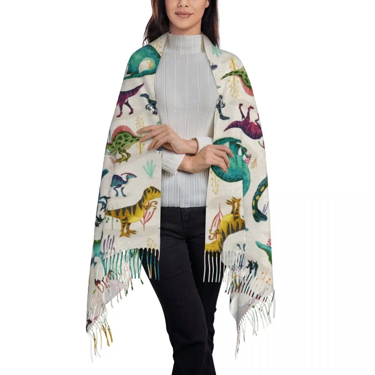 Bright Dinosaurs Scarf Tassel Scarves Women Soft Warm Shawls and Wraps Long Fall Winter Shawl Wrap