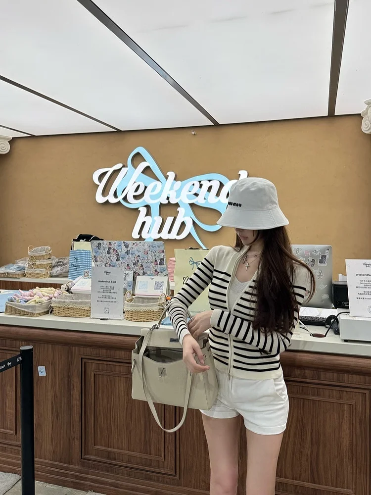 

Женский вязаный кардиган M900: приталенный крой, полосатый дизайн, весна-осень, легкий, модный, верхняя одежда