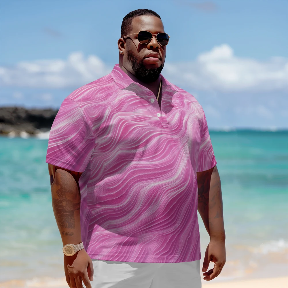 

1 men's plus size polo shirt with summer pink and white print casual lapel button suitable for shopping and golf