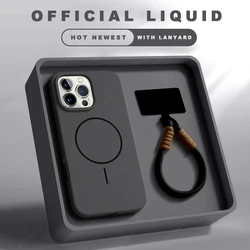 Official Lanyard Magnetic Phone Case For iPhone 15 14 16 Plus 11 12 13 16 Pro Max Silicone Magsafe Strap Protector Soft Cover