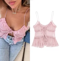 BWQ Cami Top Dames Zomer Zwart Roze Camisole 2026 Vrouw Mouwloos Off-shoulder Gerimpeld Doorschijnend Cropped Top Sexy Tanks Camis
