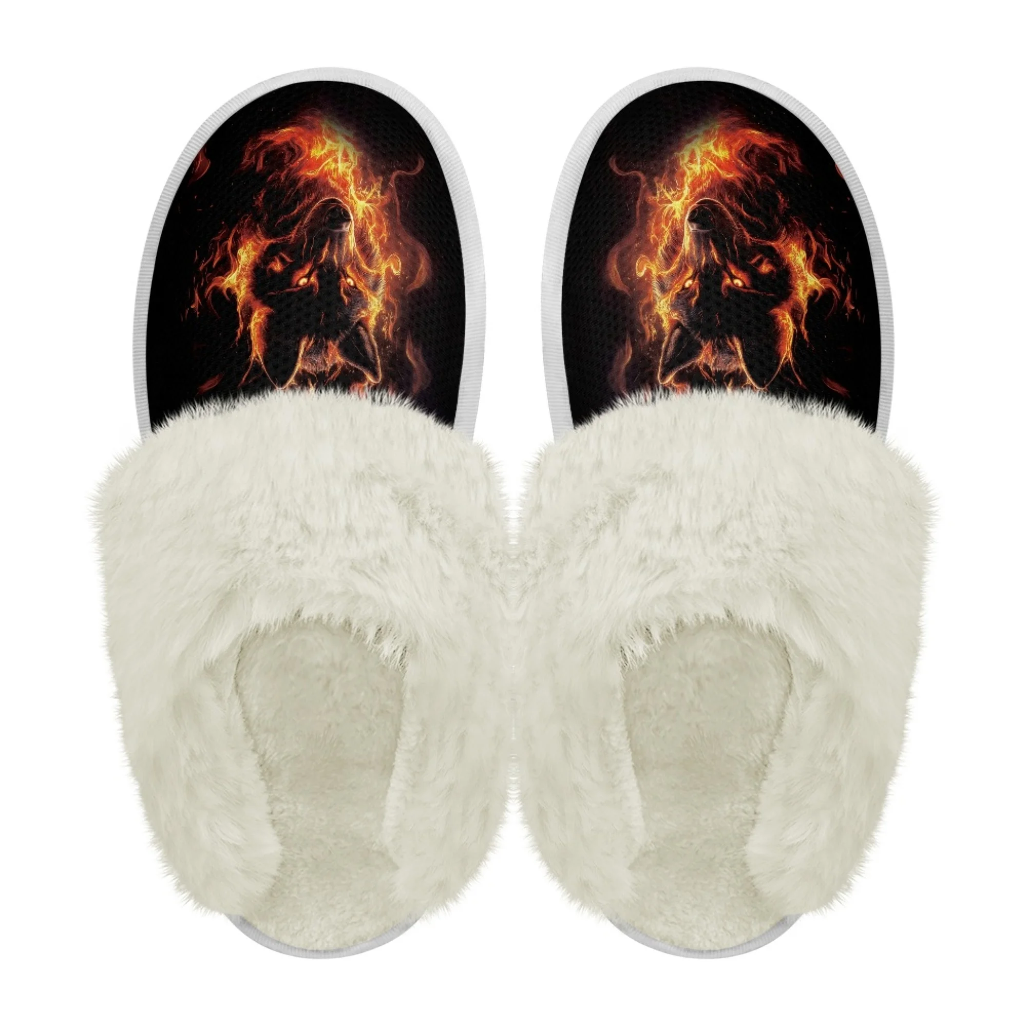 INSTANTARTS Women Flat Fuzzy Slippers Cool Flame Wolf Printing Non Slip Soft Breathable Indoor Winter Warm Shoes