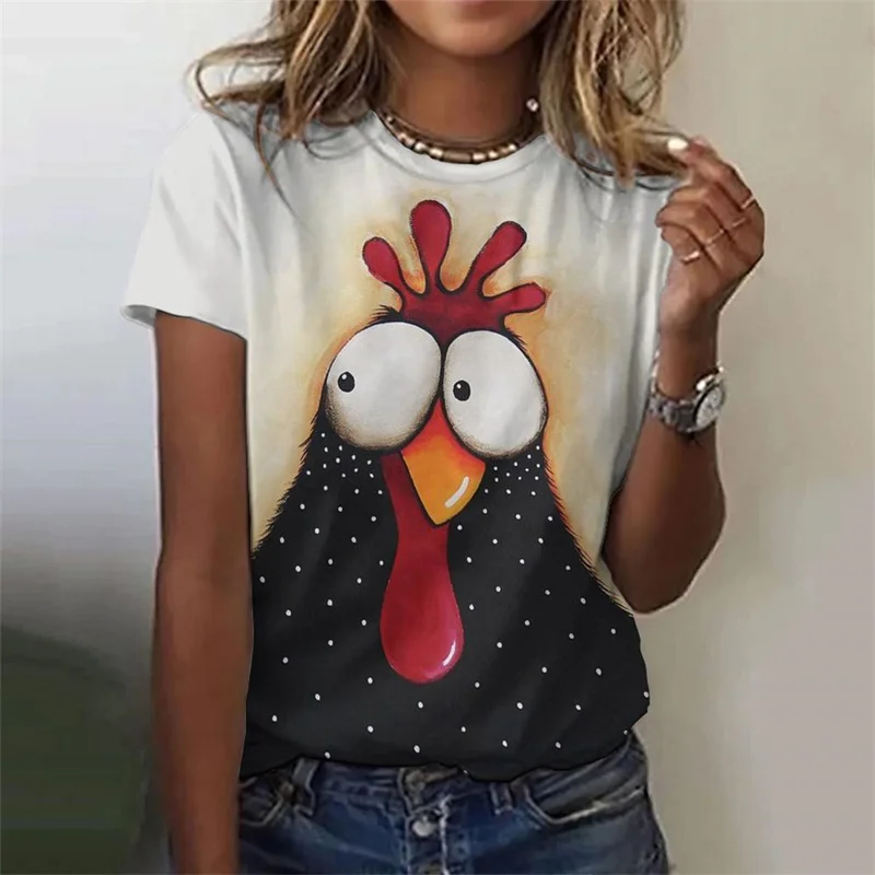 Cartoon Chicken Pattern T Shirt For Women Funny Animal 3D Printed Short Sleeves Summer Tees Oversized T-Shirts Round Neck Tops