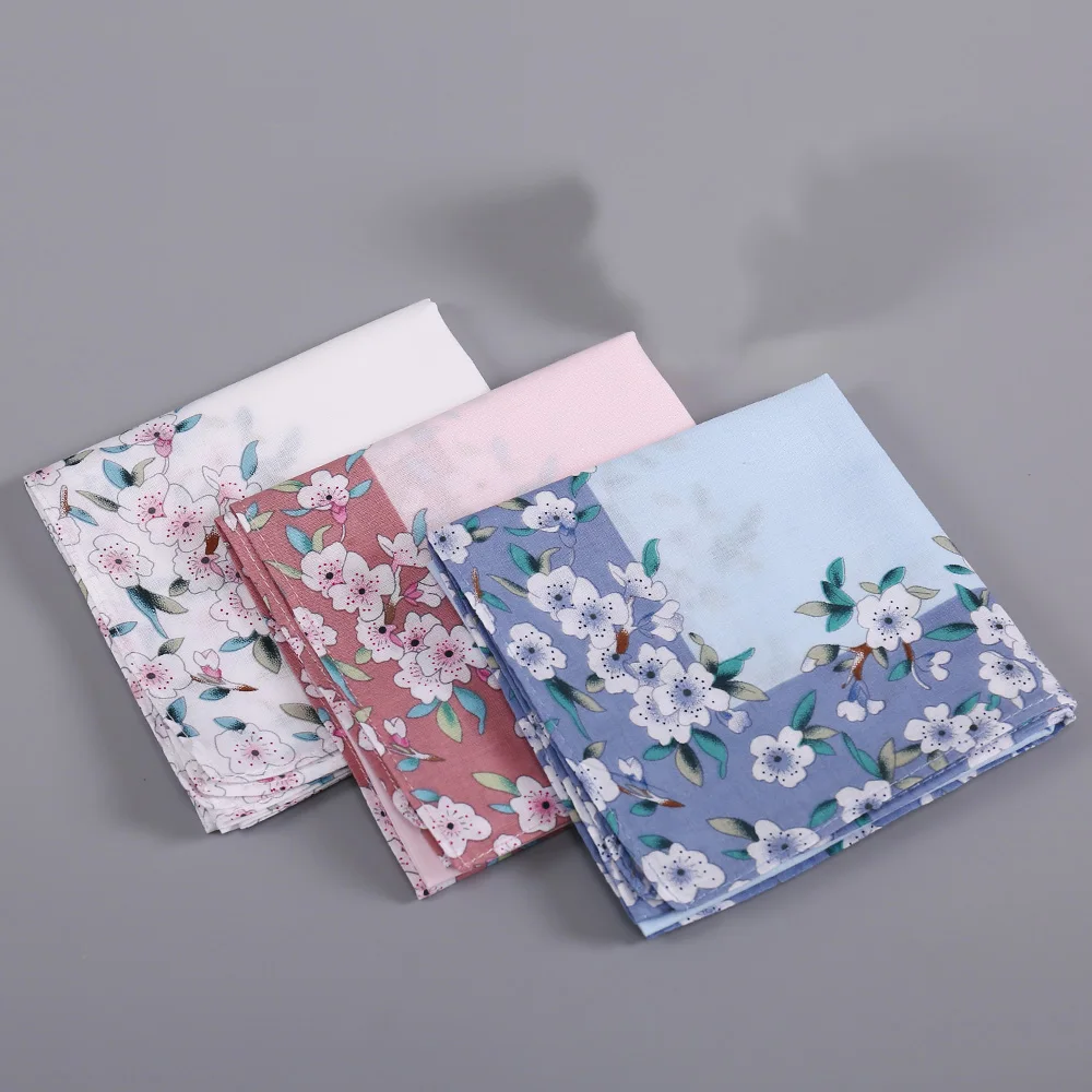 3-Pack of Women's Pure Cotton Printed Handkerchiefs, Wedding and Bride Souvenirs, Romantic Flower Handkerchiefs, Suitable for All Seasons