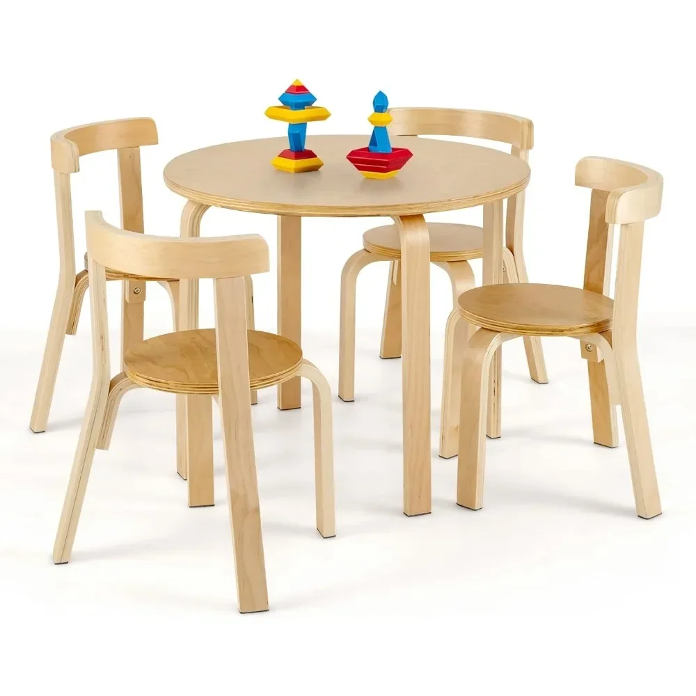 Kids Table and Chair Set, 5-Piece Wooden Activity Table w/ 4 Chairs, Toy Bricks, Classroom Playroom Daycare Furniture for Study