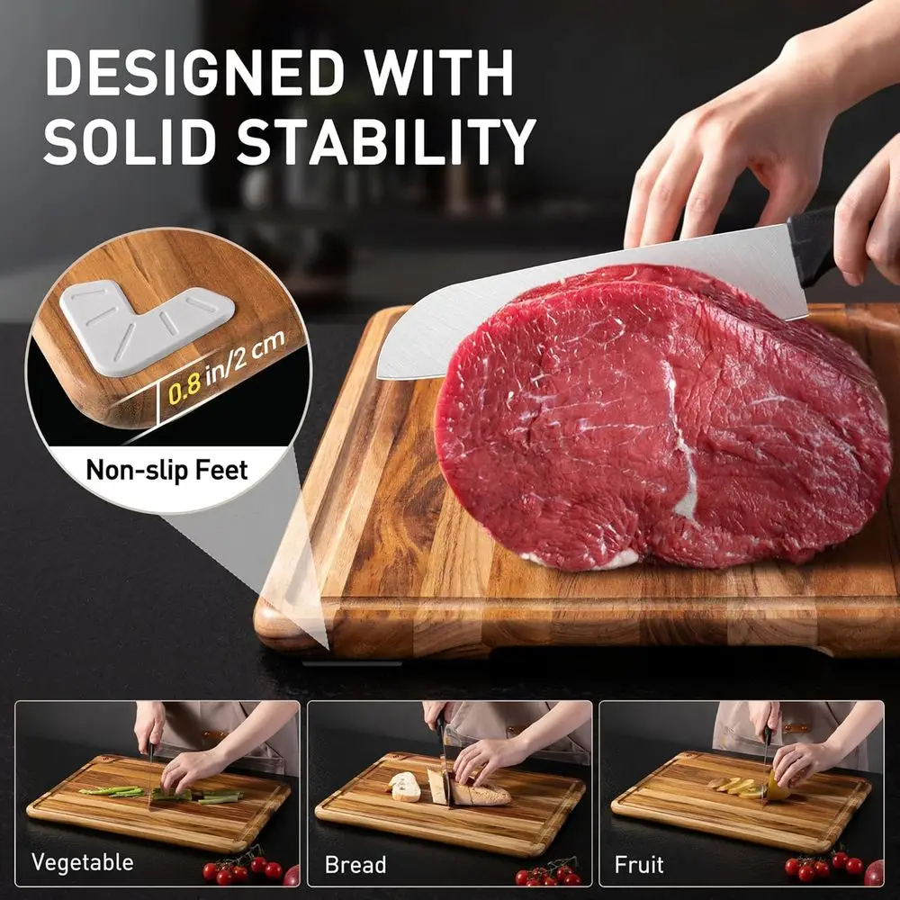 مجموعة من 3 ألواح تقطيع من خشب الساج - كبيرة ومتوسطة وصغيرة للمطبخ، والفحم، وقطع اللحوم، شديدة التحمل، وغير سامة، وسميكة #6