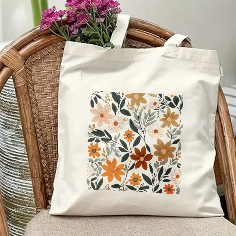 Vintage Warm Tone Daisy Floral Canvas Tote Bag Boho Autumn Flower Leaf Print Reusable Shoulder Bag Cottagecore Shopping Handbag