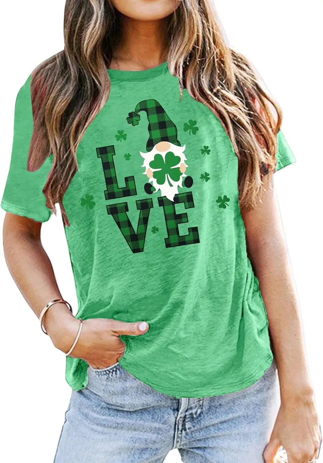 St. Patricks Day T-Shirt Women Gnomes Shirt Shamrock Graphic Tees Green Clover Short Sleeve Tops