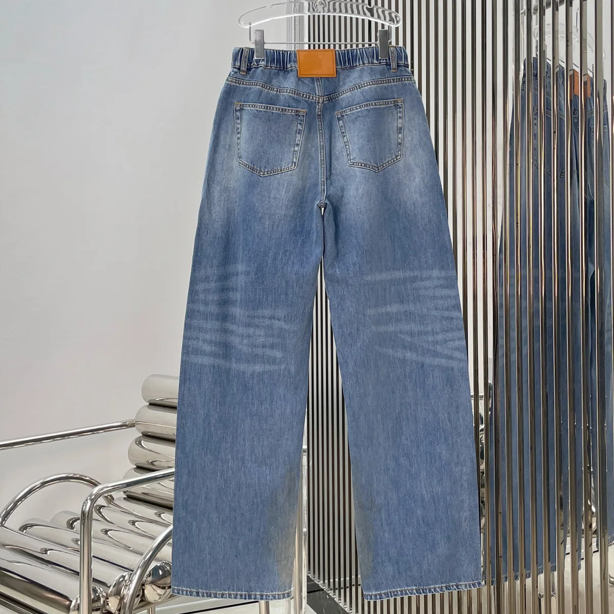 High Quality Women Drawstring Wide Leg Jeans Elastic Waist Button Fly Washed Denim Long Pants lyt132696