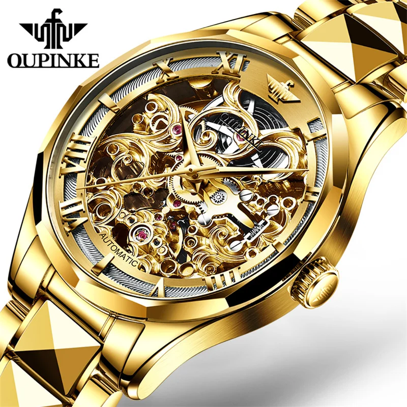 OUPINKE Automatic Tourbillon Men`s Mechanical Watch 5Bar Waterproof Luminous New Luxury Engraved Skeleton Mechanical Watch Reloj