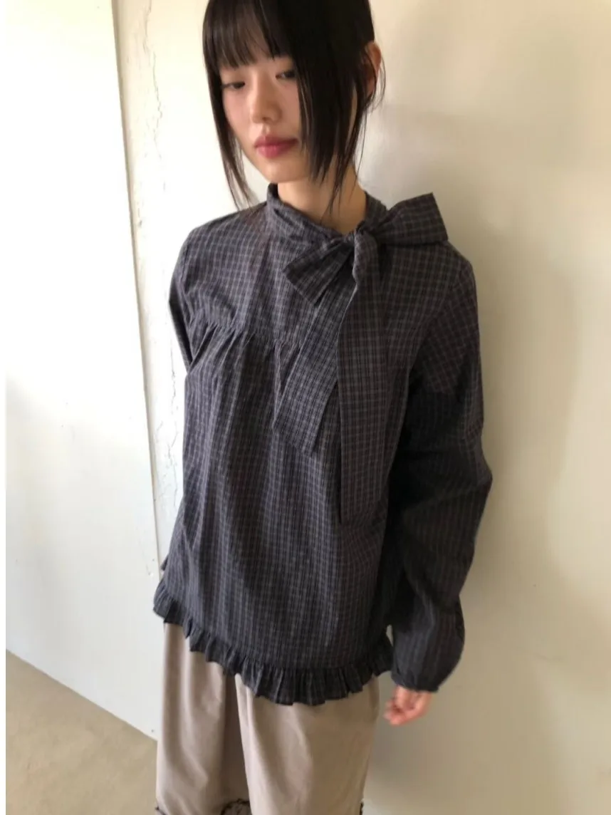 

Женский осенний японский топ с воротником в клетку в стиле ретро Sa Knot Bubble Sve irt, длинный весенний топ