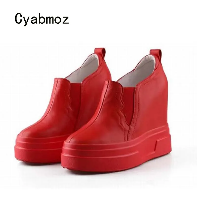 Cyabmoz genuine leather height increasing sneakers women high heels 12 cm platform ladies casual shoes wedding woman wedge pumps