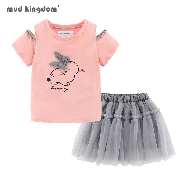 

Mudkingdom Girl Skirt Set Easter Bunny Cold Shoulder Cartoon Animal Elephant Print Summer T-shirt Outfits for Kids Clothes