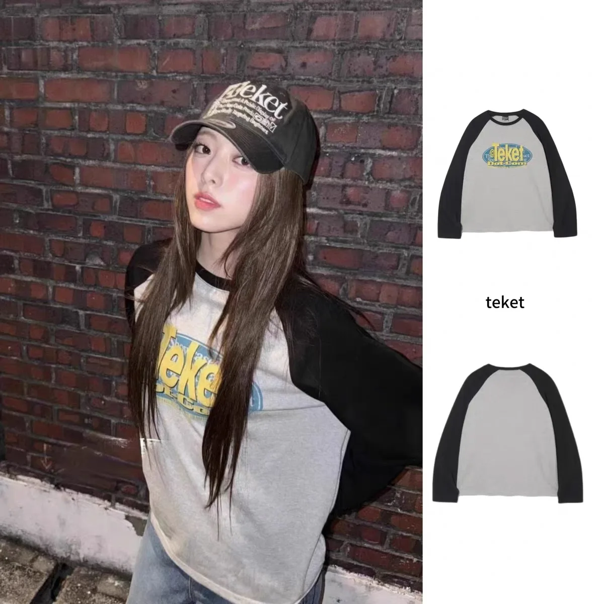 Long Sleeve T-Shirt Shoulder Print Lettering Unisex Loose Fit Cotton Sweat Absorbing round Neck Regular Length Autumn Winter