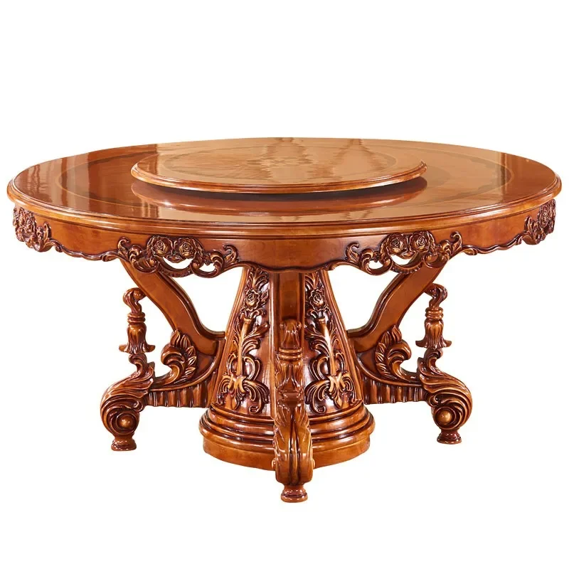 #Home European round table dining table, solid wood American wood surface dark with turntable dining table marble round table ma