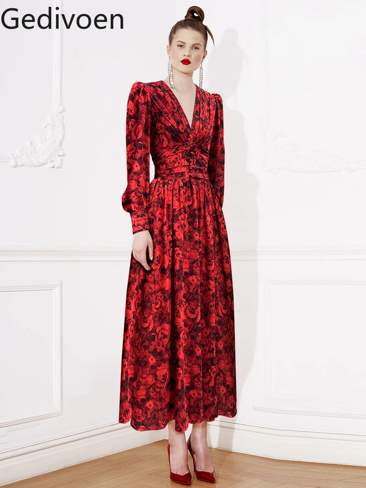 

Gedivoen Spring Fashion Runway Vintage Floral Print Women V-neck Long-Sleeved Pleated Party Fantasy Princess Style Dress