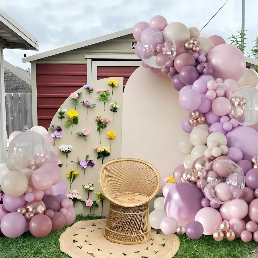 Kit arco per palloncini viola 132 pezzi con palloncini viola antico rosa chiaro oro rosa bianco e trasparente per un elegante compleanno baby shower