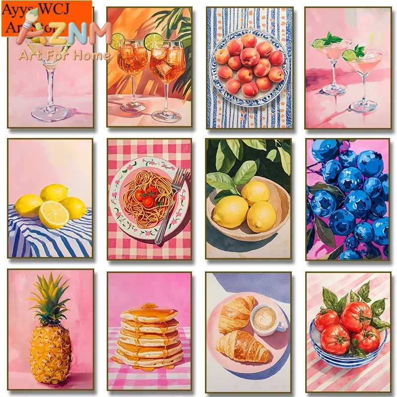 1pc Frameless Canvas Painting Trendy Food Pasta Fruit Pineapple Olive Cocktail Lemon Bar Art Poster Canvas Painting Wall Prints