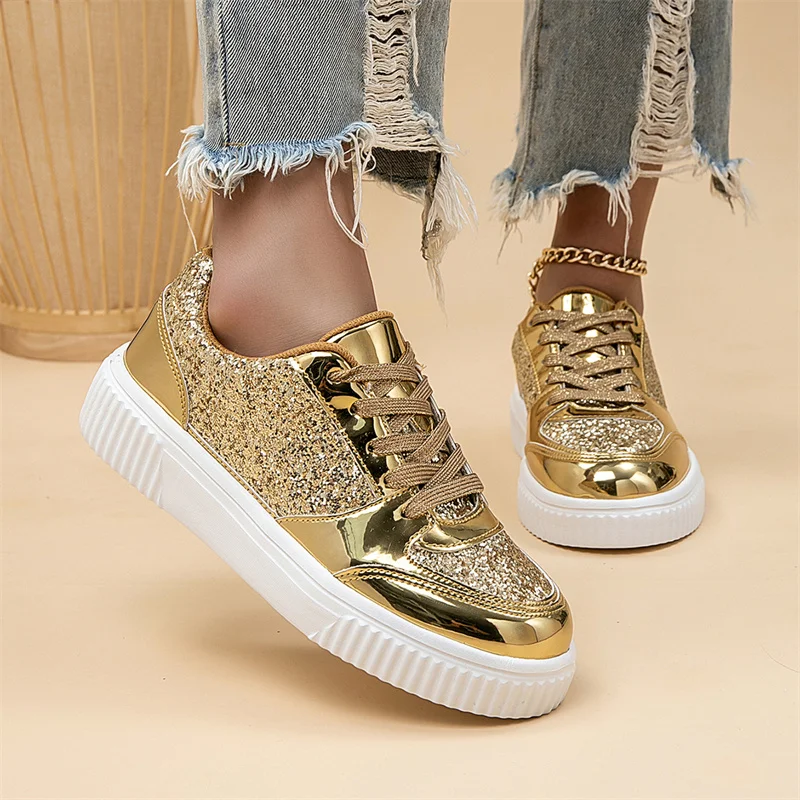 

New Sequin Shoes Woman Gold Sneakers Size 36-42 Comfortable Low Cut Women's Skateboard Shoes Casual Flats Woman Designer Shoes